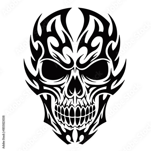 A striking black and white tribal flame skull design, symbolizing danger and rebellion.