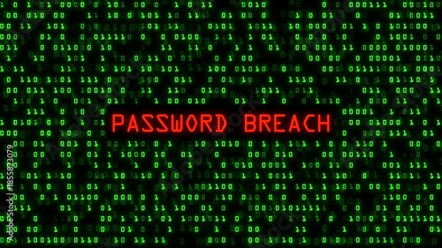 Password Breach Glitch Text Animation. Green Digital Binary Code Matrix Background.