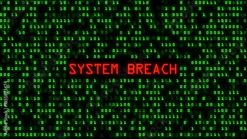 System Breach Glitch Text Animation. Green Digital Binary Code Matrix Background.