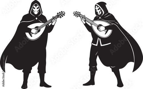Medieval Bards in Cloaks and Masks Playing Lutes Black and White Vector