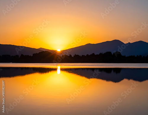 Peaceful lake surface reflecting the golden sunset sky and mountain silhouettes. Generative AI