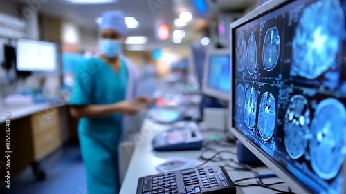 Medical professional reviews brain scans on computer monitor in hospital operating room.