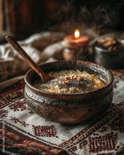 Traditional wheat berry pudding known as kutia served hot in clay bowl with poppy seed and walnut on embroidered tablecloth for Slavic Christmas eve supper