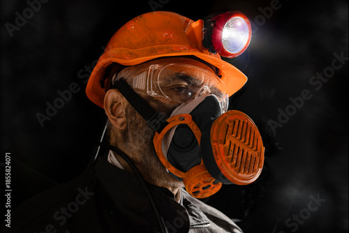 Canvas Print Coal miner with a dirty face in black dust, wearing a protective helmet with a flashlight, filtering respirator and work clothes for working in mine
