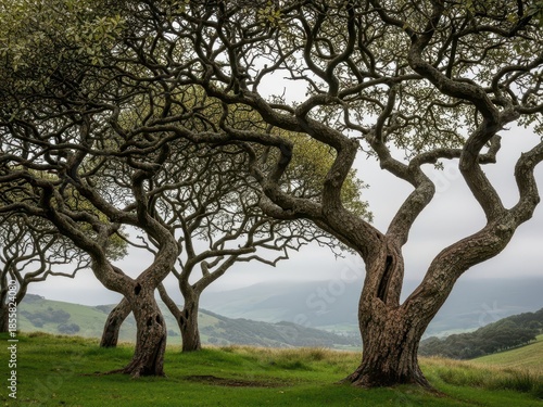 Twisted oak trees with sprawling branches in a misty green landscape