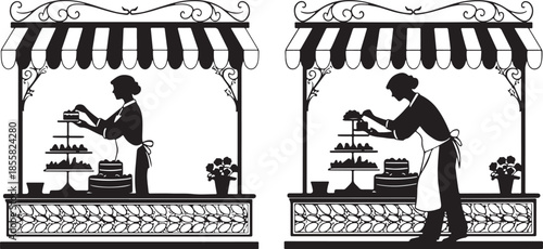 Elegant Black and White Silhouette of Woman Decorating Cake at Bakery Stand