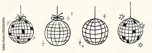 Disco balls doodle illustrations set. Whimsical outline sketch with whimsical stars