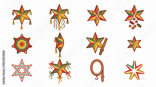 Vector Icons Set of Collection of Festive Mexican Pinatas and Traditional Decorations. Vector Illustration. EPS Editable