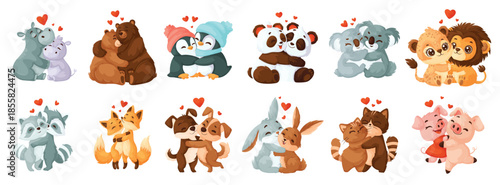 Set of cute loving hugging animals lions hares pandas