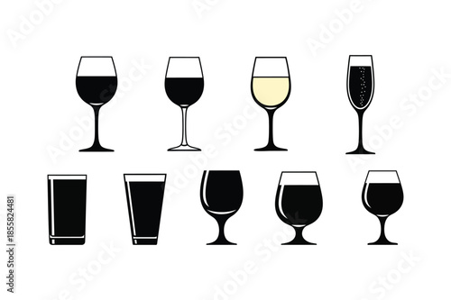 Alcohol Glassware Icons Set Wine, Beer, Champagne, and Spirits Vector Illustrations