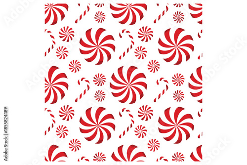 Festive Red and White Peppermint Candy Pattern with Candy Canes for Christmas Holiday Wrapping Paper and Seasonal Backgrounds