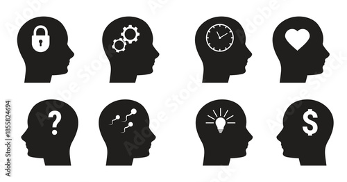 set of isolated black icons on a theme head brain