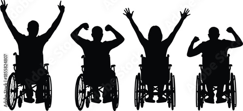 Wheelchair users celebrating victory silhouettes, empowerment and disability inclusion concept, freedom, strength, motivation, positive mindset, social equality vector illustration