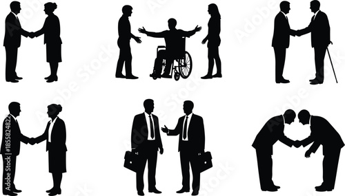 People greeting and supporting silhouettes set, handshake, help and respect concepts, social interaction, business and community relationships vector illustration