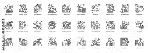 Financial Investment  icon collection line style. containing Money Growth, Financial Report, Investment Plan, Wealth Management, Income Statement, Budget Planning