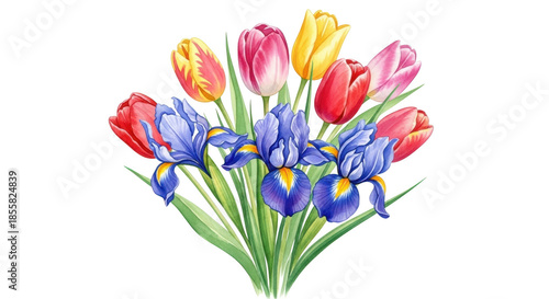 Vibrant bouquet of red pink yellow tulips and blue irises with green leaves on black background flowers