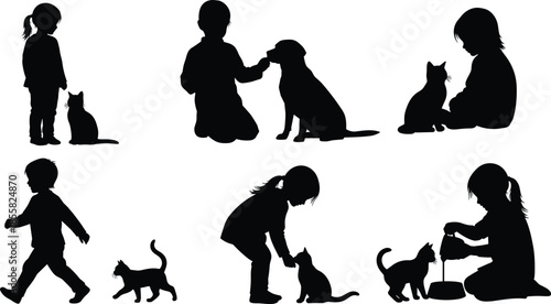 Children playing with pets silhouettes set, kids interaction with cats and dogs, childhood friendship, animal care, happy family lifestyle vector illustration