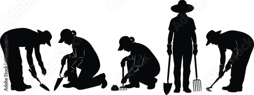 Gardeners working silhouettes set, planting and digging activities, agriculture and gardening concept, farmers tools, outdoor labor, nature care vector illustration