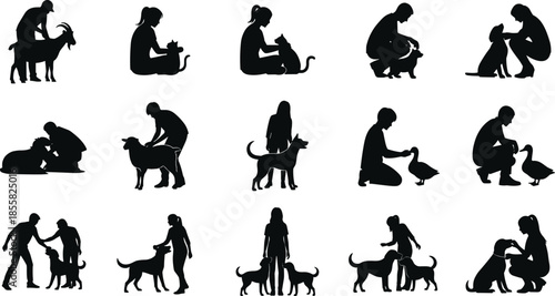 People interacting with dogs silhouettes set, pet care activities, training, walking, playing, animal companionship, daily life moments vector illustration