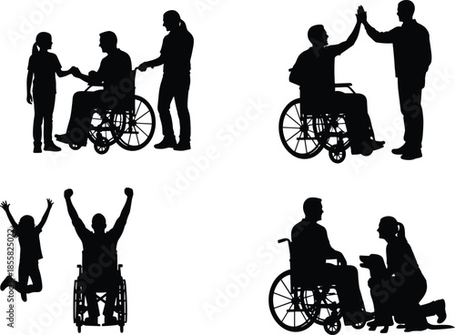Disabled people support and inclusion silhouettes, wheelchair assistance scenes, accessibility awareness, community care, empathy, social interaction, flat vector illustration concept isolated back
