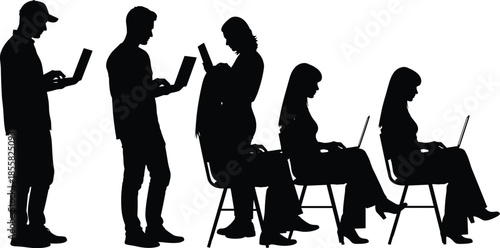 People using laptops and smartphones silhouettes, modern technology addiction concept, social media communication, digital lifestyle queue illustration vector flat design isolated background