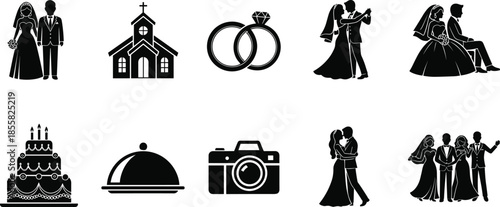 Wedding ceremony and celebration icon set, bride groom, rings, church, cake, photography, romantic marriage symbols, black silhouette vector illustration for commercial design