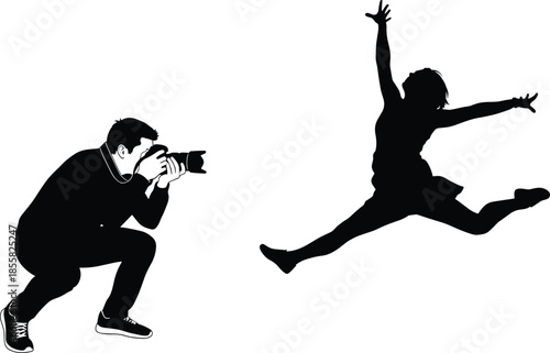 Photographer silhouette capturing dancer jump, action pose, dynamic movement, black and white vector, artistic moment, creative profession, performance concept illustration