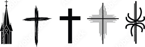 Christian church silhouette, religious cross icons, faith symbols, spiritual architecture, abstract crucifix design, vector illustration for religion, worship, and Christianity concepts