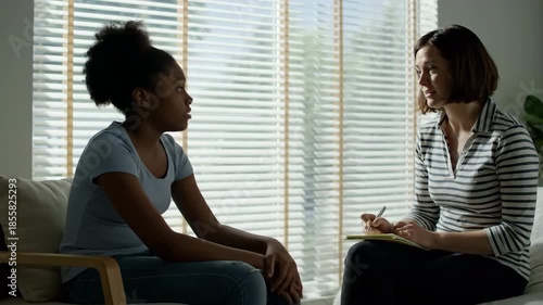 Woman looking down and hand on head sitting on beige sofa at therapist office while another woman is taking notes. Depression therapy and mental health concept.