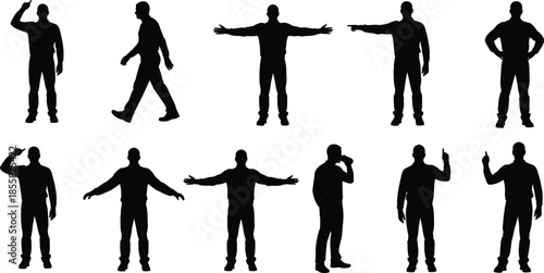Man silhouette pose collection, male standing walking gestures, people body language actions, human character set isolated black vector illustration design artwork bundle