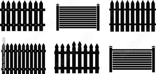 Wooden fence silhouette set, garden and yard barriers, picket fence designs, outdoor property boundaries, isolated black vector illustration collection for landscaping projects