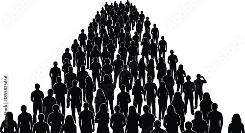 Large crowd silhouette illustration, people walking forward together, unity, leadership, teamwork, society, social movement, black vector concept design, abstract symbolism