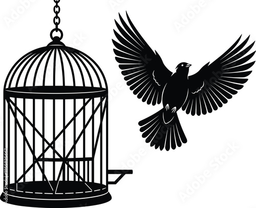 Freedom concept illustration, flying bird escaping open cage silhouette, liberty, independence, hope, release, minimal black vector design for creative symbolism