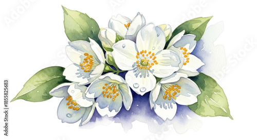 Watercolor painting of white jasmine flowers with green leaves and water droplets on a black background