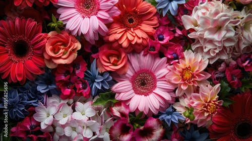 Floral background with beautiful chrysanthemums, roses, wildflowers. Wedding decoration, texture for the holiday.