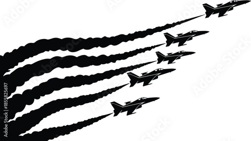 Fighter jets silhouette, aerial formation, smoke trails, military aviation, precision flying, air show display, diagonal ascent, vector illustration, synchronized flight, black aircraft