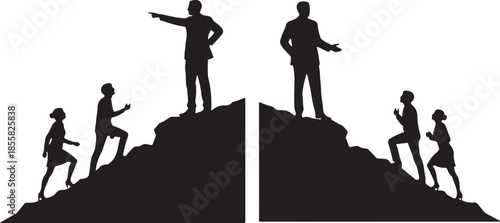 Silhouettes of Business People Climbing Up to a Leader on a Peak