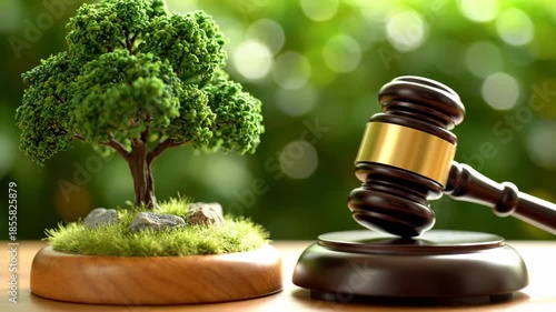Wooden gavel near a miniature green tree on wooden surface. A symbolic representation of environmental law, justice and ecological conservation. Green bokeh background.