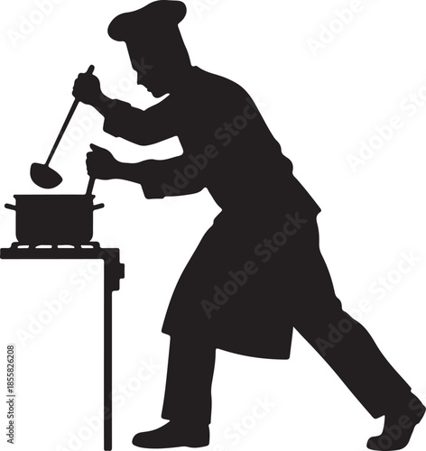Black silhouette of a cooking chef stirring food in a pot with a ladle