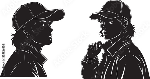 Black and white silhouette illustration of a young person in a cap and jacket