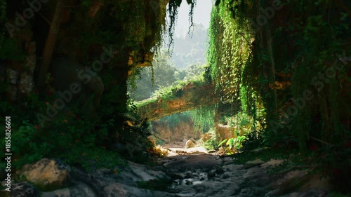 A tranquil natural setting in China showcases a dense, green landscape with an arching tree bridge. Sunlight filters through the foliage, creating a serene atmosphere.