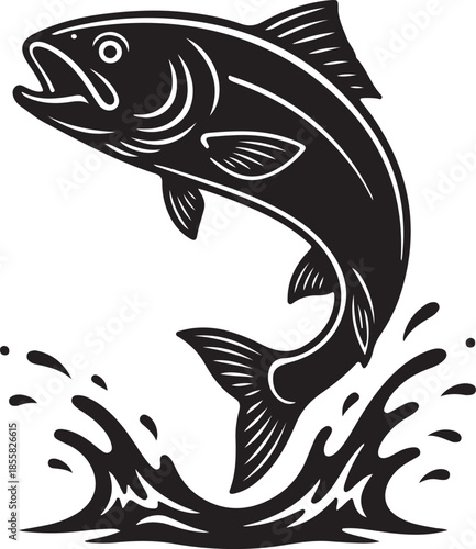 Dynamic Black Silhouette of Jumping Fish with Water Splash - Sport Fishing Logo Icon