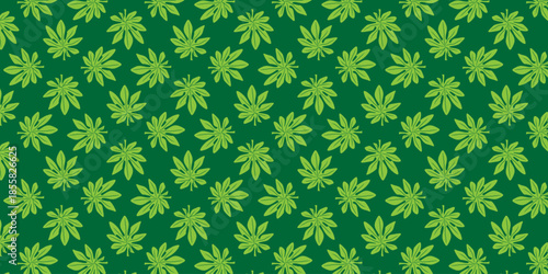 Repeating Pattern of Green Cannabis Leaves on a Dark Green Background