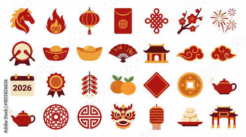 Vector Icons Set of Chinese New Year Celebration Icons Set with Traditional Symbols. Vector Illustration. EPS Editable