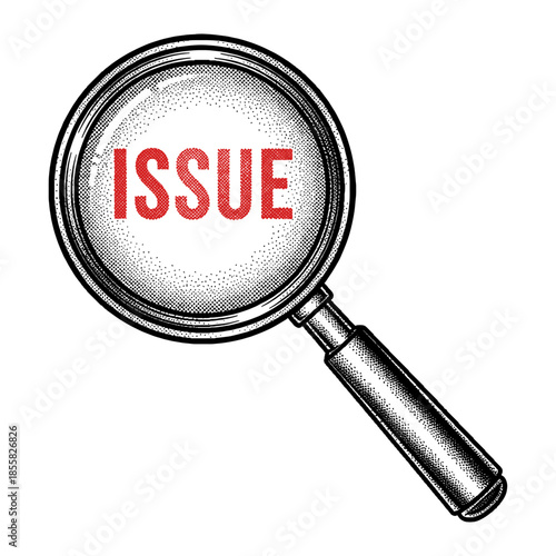 magnifying glass examining the issue, problem solving illustration in retro halftone stipple effect style