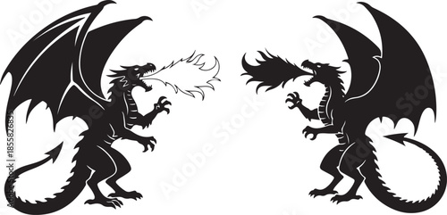 Pair of Roaring Dragon Silhouettes Spewing Fire Isolated on White Background.