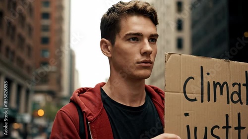 A young man in a red hoodie holds a cardboard sign stating 'Climate Justice' during a daytime protest in an urban setting, expressing concern.
