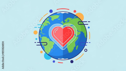 Vibrant illustration of earth with a red heart symbolizing global love and care for the planet surrounded by colorful abstract shapes and lines on a light blue background
