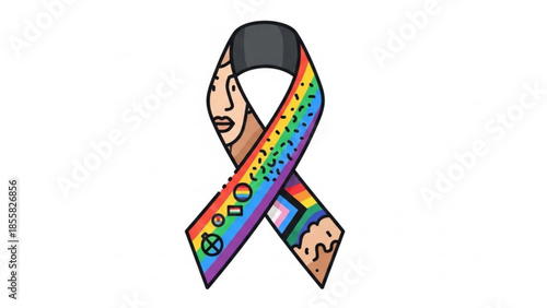 Vibrant rainbow lgbtq awareness ribbon with human face and arm, symbolizing diversity and inclusivity, social movement and equality