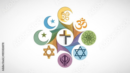 Diverse religious symbols on white background, representing various faiths and cultures in a harmonious arrangement